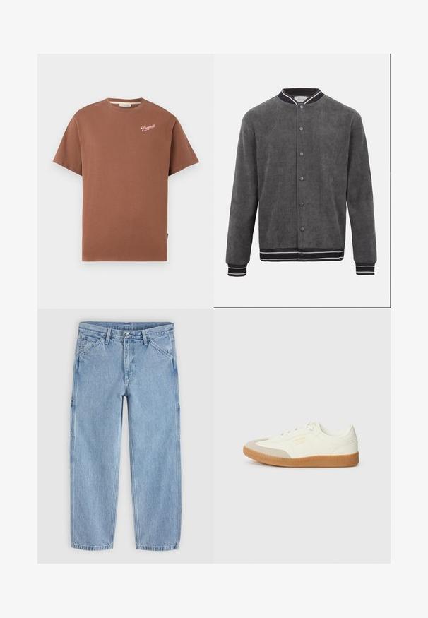 Donkergrijze corduroy bomberjack met zwart-wit gestreepte geribbelde kraag, manchetten en zoom, sluiting aan de voorkant met drukknopen.; Bruine T-shirt met korte mouwen en ronde hals, met het "Pompeii" logo in witte schrijfletters op de bovenste linkerkant van de borst.; Lichtblauwe jeans met rechte pijpen, een knoop aan de voorkant, rits, riemlussen en schuine voorkantzakken op een effen achtergrond.; Schoen gemaakt van wit leer met een beige teenkap en een lichtbruine rubberen zool. Voorzien van platte witte veters en reliëfbranding aan de zijkant.