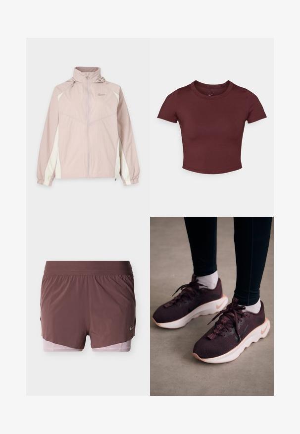 Heleroosa ja valge Nike tuulejakk täispika esilukuga, elastsete varrukaservade, kõrge krae ja reguleeritava kapuutsiga.; Bordeaux värvi lühike t-särk, mis on valmistatud siledast venivast kangast. Omab lühikesi varrukasid ja ümmargust kaelust, rinnal on diskreetne logo.; Lühikesed püksid sügavas mauve-toonis, mis on kerge disainiga, lai vöökohaga ja roosa sisemise voodriga. Küljel on väike logo detail.; Tumesinis spordijalatsid tekstuurse kudumülemise, valge tallaga ja musta Nike logoga. Omavad ümarad paelad ja mustrilisi paelaauke.