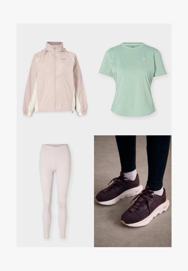 Lys pink og hvid Nike vindjakke med lynlås hele vejen foran, elastiske manchetter, høj krave og justerbar hætte.; Lys grøn kortærmet Nike sport T-shirt med rund hals og lille hvid Nike swoosh-logo på venstre bryst.; Lyse beige, sømløse leggings med høj talje og et krydset taljebåndsdetalje, vist fladt mod en hvid baggrund.; Mørkerøde sportssko med en tekstureret strikoverdel, hvid sål og sort Nike-logo. Har runde snørebånd og mønstrede snørehuller.