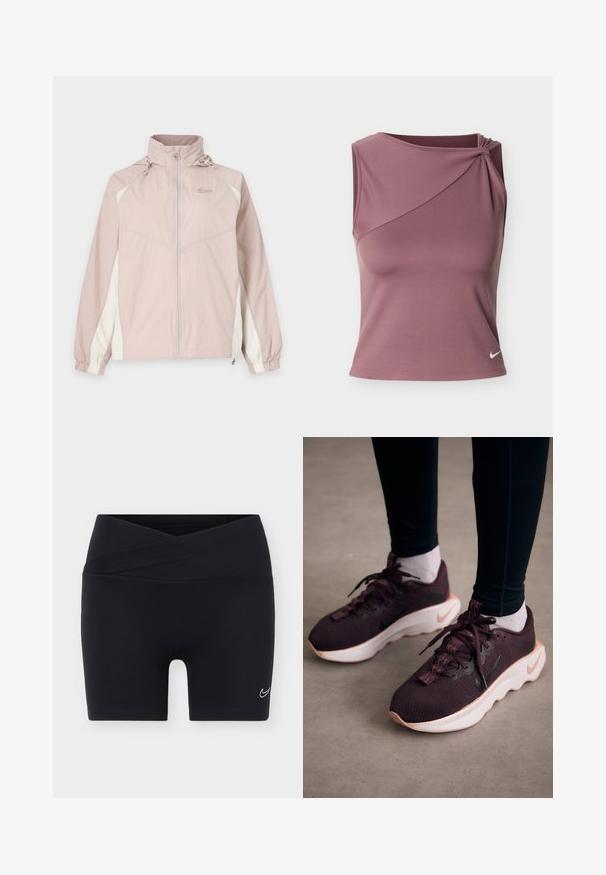 Svetloružová a biela Nike vetrovka s celopredným zipsom, elastickými manžetami, vysokým golierom a nastaviteľnou kapucňou.; Bezruký fialovoružový športový top s asymetrickým výstrihom a malým bielym logom Nike na dolnej ľavej strane.; Čierne športové šortky s prekríženým pásom a malým bielym logom Nike swoosh na ľavej nohe na jednoliatom pozadí.; Vínové športové topánky s textúrovaným pleteným zvrškom, bielou podrážkou a čiernym logom Nike. Majú okrúhle šnúrky a vzorované slučky na šnúrky.