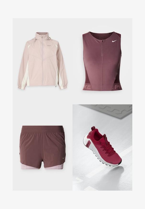 Svetloružová a biela Nike vetrovka s celopredným zipsom, elastickými manžetami, vysokým golierom a nastaviteľnou kapucňou.; Bezruký top Nike Pro v tmavom bordó odtieni so zipsom vpredu, textúrovanými bočnými panelmi a logom na hrudi. Hladká látka, atletický strih.; Šortky v hlbokom purpurovom odtieni s ľahkým dizajnom, vybavené širokým pásom a ružovým vnútorným materiálom. Obsahujú malý logo detail na boku.; Červená atletická obuv s textúrovaným zvrškom, šnúrkami a hrubou bielou podrážkou. Má kontrastný čierny špic a logo na boku.