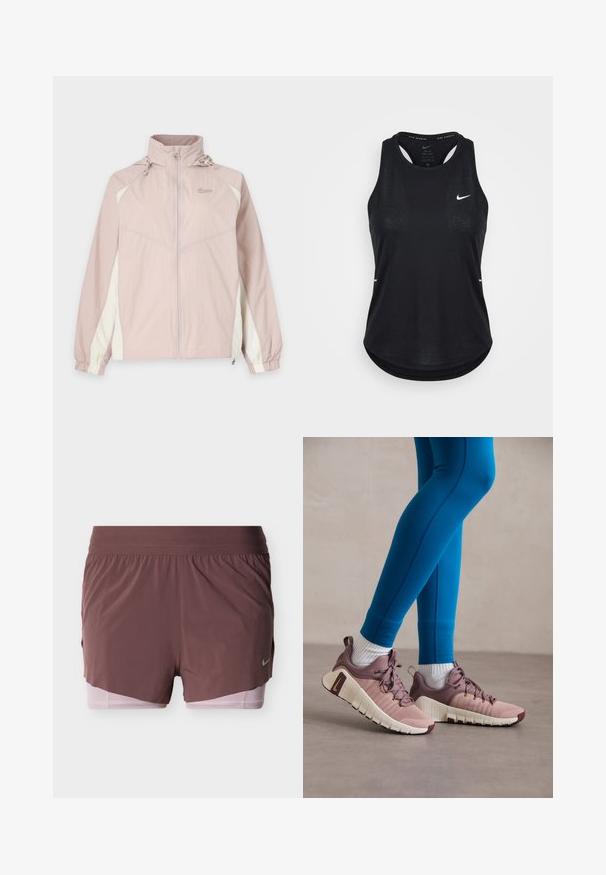 Lys pink og hvid Nike vindjakke med lynlås hele vejen foran, elastiske manchetter, høj krave og justerbar hætte.; Sort Nike Dri-FIT ærmeløs løbetop med racerback og lille hvid Nike swoosh på brystet mod en ensartet baggrund.; Shorts i dyb mauve med et let design, der har en bred talje og en lyserød inderforing. Inkluderer en lille logodetalje på siden.; Diverse sko i lyserød og beige med teksturerede sidelapper, brune detaljer og fleksible såler. Bæres sammen med blå leggings og hvide sokker.