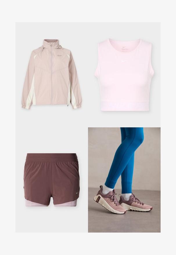 Lys pink og hvid Nike vindjakke med lynlås hele vejen foran, elastiske manchetter, høj krave og justerbar hætte.; Lyserød ærmeløs kort sports-top med rund halsudskæring og hvid Nike Swoosh-logo på brystet og linningen.; Shorts i dyb mauve med et let design, der har en bred talje og en lyserød inderforing. Inkluderer en lille logodetalje på siden.; Diverse sko i lyserød og beige med teksturerede sidelapper, brune detaljer og fleksible såler. Bæres sammen med blå leggings og hvide sokker.
