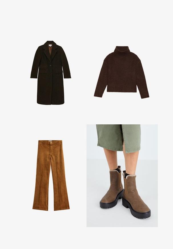 Mørkebrun lang uldfrakke med hundetandsmønster, to forlommer med klapper, hakket revers og to-knaps lukning.; Brun ribbet turtleneck sweater med lange ærmer og cropped silhuet, med et tykkere, struktureret strikdesign.; Brune fløjl flared bukser med en tekstureret finish, fem lommer og knaplukning. Flad talje med bæltestropper og et bred ben design.; Brune læder ankelstøvler med gummisål, blød foring og elastiske sideindsatser. Har en lav blokhæl og en glat overflade.