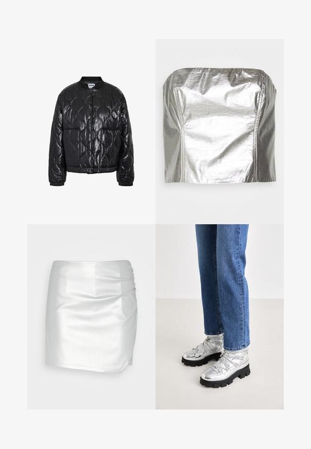 Veste aviateur matelassée noire brillante avec motif de couture ondulée, col côtelé, poignets et deux poches avant.; Gina Tricot TUBE - Débardeur - silver-coloured; Even&Odd by Zalando Short - silver; Bottines argentées métalliques avec une semelle noire robuste, présentant un dessus rembourré et des lacets, associées à un jean droit bleu.