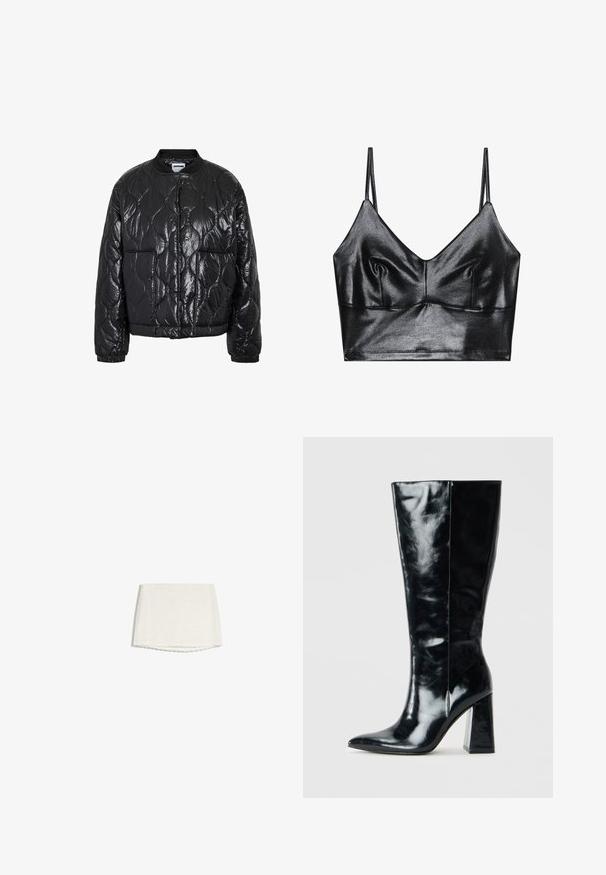 Veste aviateur matelassée noire brillante avec motif de couture ondulée, col côtelé, poignets et deux poches avant.; Bralette noire et brillante avec des fines bretelles réglables, présentant un décolleté en V, une texture lisse et un léger plissé au niveau de la poitrine pour la forme.; Mini-jupe en dentelle blanche avec motif floral subtil et ourlet en forme de festons, présentée sur un fond blanc.; Bottes noires montantes en cuir brillant, avec une pointe effilée et un talon géométrique épais au toucher lisse.