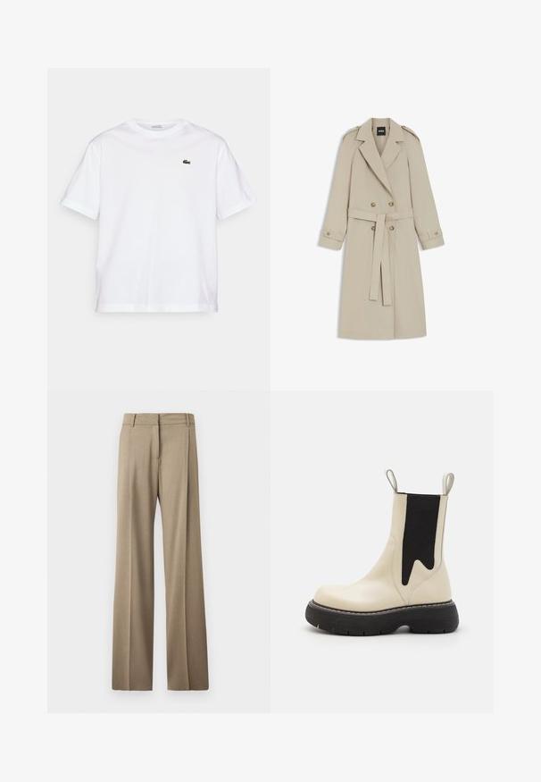 Abrigo trench beige de doble botonadura con hombreras, puños abotonados, cinturón en la cintura y solapas con muesca.; Camiseta de algodón blanca con cuello redondo y mangas cortas. Presenta un logotipo bordado en verde en el pecho. Tejido suave, corte relajado.; Pantalones de pierna ancha en un tejido marrón claro. Presentan una textura suave, pliegues bien planchados y un diseño de cinturilla plana en la parte delantera.; Botín de tobillo color crema con un panel lateral elástico negro, punta redonda y suela negra elevada. Cuenta con ganchos para facilitar el calzado.