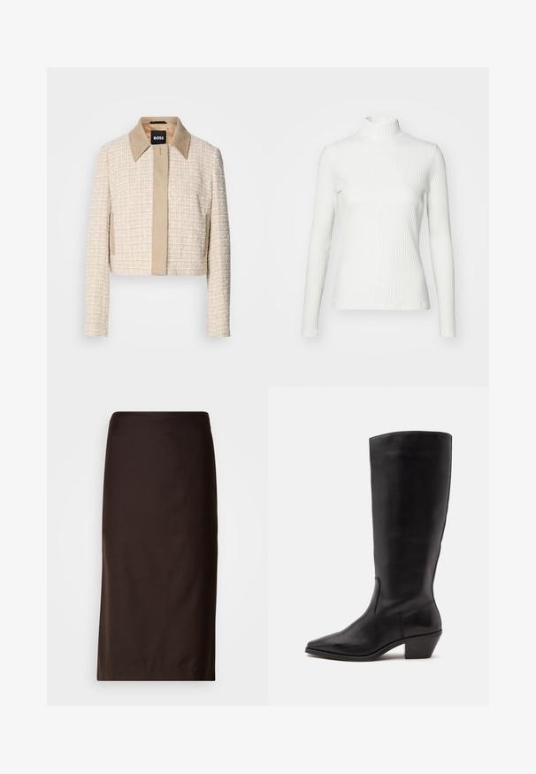 Beskåret jakke i lys beige tweed med en glat beige krave, der har en simpel lukning foran og et struktureret vævet design.; Hvid ribbet turtleneck blouse med lange ærmer, lavet af elastisk stof. Har et tætsiddende design og høj hals for god dækning.; Brun blyantskørt, knælængde, lavet af glat stof. Har et enkelt design uden synlige mønstre eller pynt.; Sort læderstøvle til midtkalv med spids tå og lavt skråt hæl på en enkel lys baggrund.