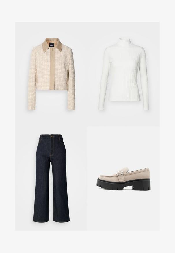 Gekürzte Jacke aus leichtem beigem Tweed mit einem glatten beigen Kragen, einfachem Verschluss vorne und einem strukturierten Gewebedesign.; Weißes geripptes Turtleneck-Oberteil mit langen Ärmeln, aus elastischem Stoff. Verfügt über ein enganliegendes Design und einen hohen Kragen für zusätzlichen Schutz.; Dunkelblaue, weit geschnittene Jeans mit hoher Taille, ausgestattet mit goldenen Nähten, einem vorderen Knopfverschluss und zwei Seitentaschen.; Beiger Wildleder-Slipper mit silberner Schnalle und dicker schwarzer Profilsohle, Seitenansicht vor weißem Hintergrund.