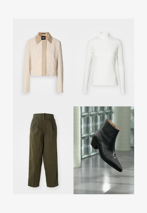 Gekürzte Jacke aus leichtem beigem Tweed mit einem glatten beigen Kragen, einfachem Verschluss vorne und einem strukturierten Gewebedesign.; Weißes geripptes Turtleneck-Oberteil mit langen Ärmeln, aus elastischem Stoff. Verfügt über ein enganliegendes Design und einen hohen Kragen für zusätzlichen Schutz.; Olivgrüne, weit geschnittene Hosen mit hoher Taille, die vordere Falten und umgeschlagene Säume aufweisen. Hergestellt aus leichtem Stoff mit glatter Textur.; Schwarzer Leder-Stiefelette mit spitzer Schuhspitze und Blockabsatz, der über einem reflektierenden grauen Boden nahe einer Glassteinwand schwebt.