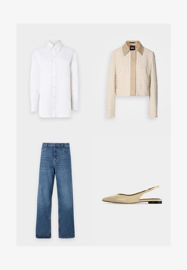 Beskåret jakke i lys beige tweed med en glat beige krave, der har en simpel lukning foran og et struktureret vævet design.; Hvid linned skjorte med knapper, spidse kraver, lange ærmer og knaplukninger. Har en afslappet pasform og en glat tekstur.; Blå højttaljede denimjeans med vide ben, der har en glat tekstur, minimale syningsdetaljer og en klassisk fem-lomme-stil.; Beige spids tå slingback flad sko med lav sort hæl og en glat læderfinish, vist fra siden på en ensfarvet baggrund.