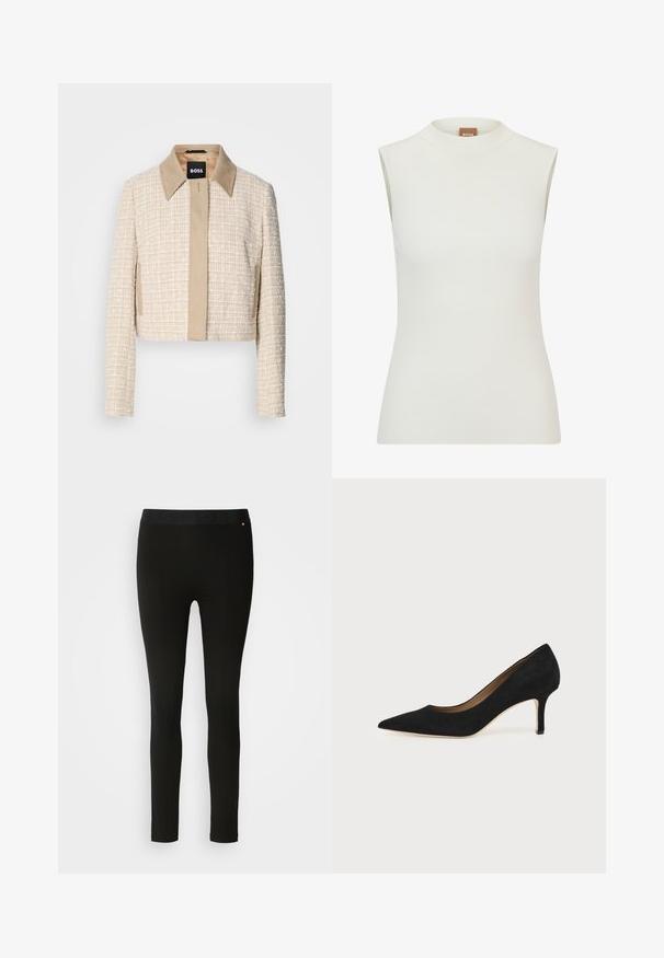 Chaqueta corta de tweed beige claro con un cuello liso beige, que presenta un cierre frontal sencillo y un diseño de tejido texturizado.; Top blanco sin mangas con un escote alto, que presenta una textura acanalada y un diseño ajustado. Etiqueta de la marca "BOSS" visible en el cuello.; Leggings negros con una textura suave, que cuentan con una cinturilla flexible y sutiles detalles en las costuras. Sin patrones ni elementos de hardware presentes.; Salón de ante negro con punta puntiaguda, tacón de aguja delgado de altura media y diseño de corte bajo sobre un fondo liso.