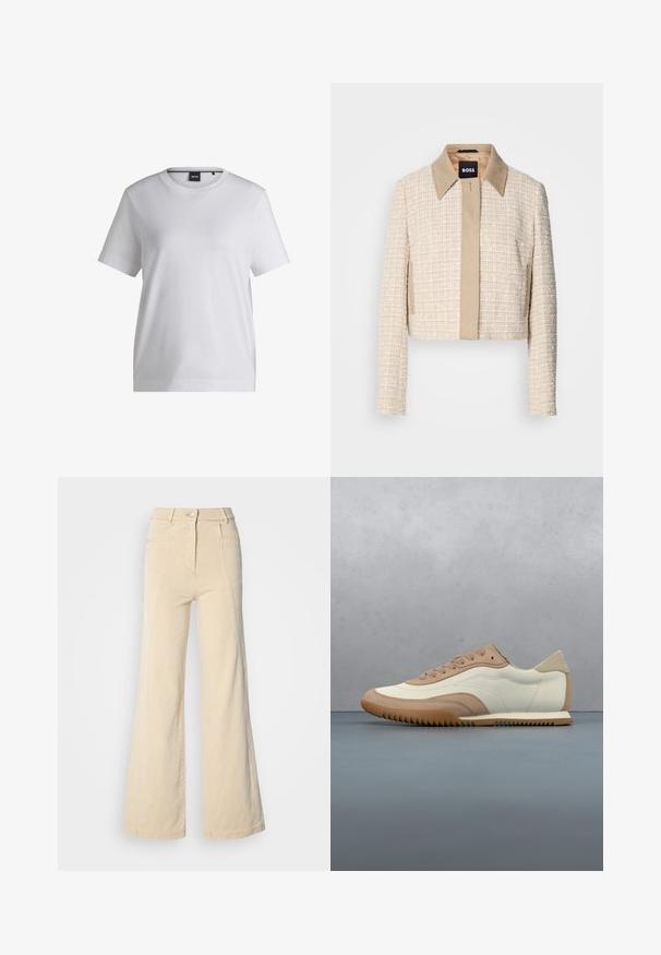 Ingekort jasje van lichtbeige tweed met een gladde beige kraag, voorzien van een eenvoudige sluiting aan de voorkant en een gestructureerd geweven ontwerp.; Witte katoenen t-shirt met een ronde halslijn, korte mouwen en een ontspannen pasvorm. Heeft een klein merketiket nabij de kraag.; Beige wijde jeans met hoge taille, voorzakken en contrasterende stiksels, met een knoopsluiting en een zachte katoenen textuur.; Crème- en beige sneaker met een textuur bovenwerk, veters en een rubberen zool, gepresenteerd boven een houten oppervlak met kiezelstenen.