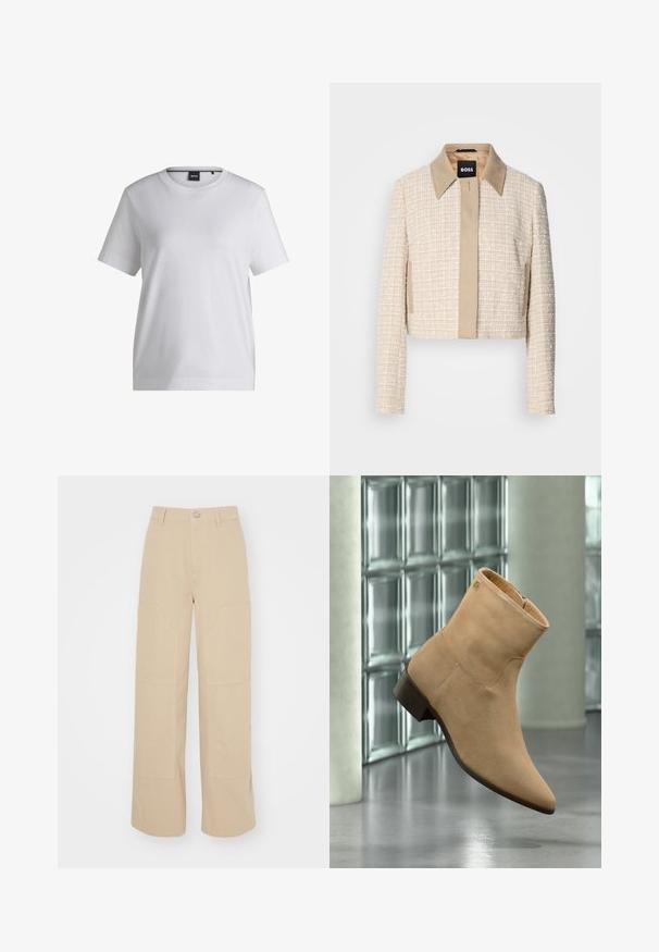 Ingekort jasje van lichtbeige tweed met een gladde beige kraag, voorzien van een eenvoudige sluiting aan de voorkant en een gestructureerd geweven ontwerp.; Witte katoenen t-shirt met een ronde halslijn, korte mouwen en een ontspannen pasvorm. Heeft een klein merketiket nabij de kraag.; Beige flared broek gemaakt van katoen. Heeft twee grote voorkruiden en een metalen knoopsluiting bij de tailleband. Gladde textuur.; Beige suède enkellaarsje met lage zwarte hak en ritssluiting, zwevend tegen een achtergrond van een glasblokkenmuur en een gladde vloer.