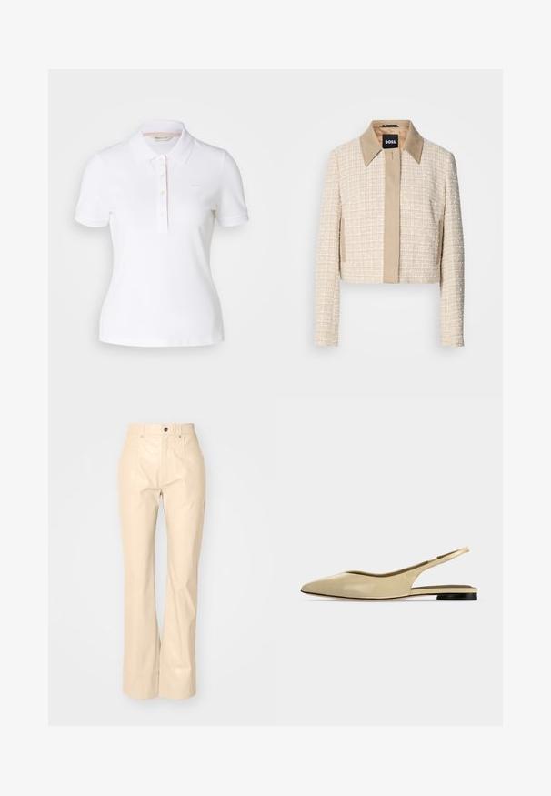 Chaqueta corta de tweed beige claro con un cuello liso beige, que presenta un cierre frontal sencillo y un diseño de tejido texturizado.; Camisa polo blanca con cuello clásico, mangas cortas, tapeta de cinco botones y un discreto logotipo tonal en el pecho; material de algodón.; Pantalones acampanados de imitación de cuero beige con una textura suave, que cuentan con bolsillos frontales, cierre de botón y un acabado ligeramente brillante.; Zapato plano beige con puntera puntiaguda, diseño slingback, tacón bajo negro y acabado en cuero liso, mostrado de perfil sobre un fondo liso.