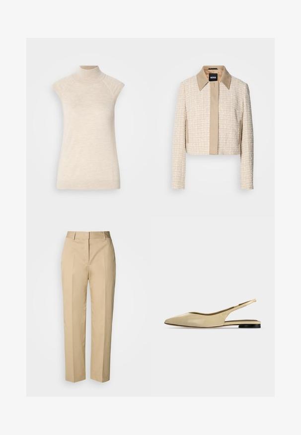 Veste courte en tweed beige clair avec un col lisse beige, dotée d'une fermeture avant simple et d'un design tissé texturé.; Haut sans manches beige à col montant, fabriqué en tissu doux et texturé. Dispose d'épaules raglan et d'une silhouette ajustée. Convient pour des tenues superposées.; Pantalon beige à jambe droite avec passants pour ceinture, pli avant et fermeture dissimulée, présenté sur un fond clair.; Chaussure plate beige à bout pointu avec bride arrière, petit talon noir et finition en cuir lisse, vue de côté sur un fond uni.