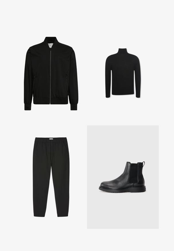 Sort bomberjakke lavet af glat stof med lynlås foran, ribbet krave og manchetter samt sidelommer. Minimalistisk design uden synlige logoer.; Sort langærmet rullekravebluse med slank pasform og diskret logo på venstre brystområde, vist på hvid baggrund.; Sorte bukser med elastisk talje, lige ben og sidelommer, designet til afslappet eller professionel brug.; Sorte læder chelsea støvler med tekstureret finish, elastiske sidepaneler og en robust gummisål. Subtil branding på hælen.