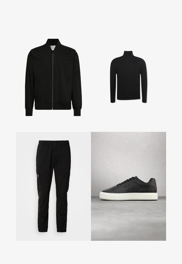 Sort bomberjakke lavet af glat stof med lynlås foran, ribbet krave og manchetter samt sidelommer. Minimalistisk design uden synlige logoer.; Sort langærmet rullekravebluse med slank pasform og diskret logo på venstre brystområde, vist på hvid baggrund.; Sorte cargo-bukser med elastisk talje, knaplukning, to sidelommer og to cargo-lommer. Glat stof med en afslappet pasform.; Sorte lædersneakers med hvid gummisål, rundet tå og flade snørebånd. Teksturdetaljer på siderne, minimalistisk design.