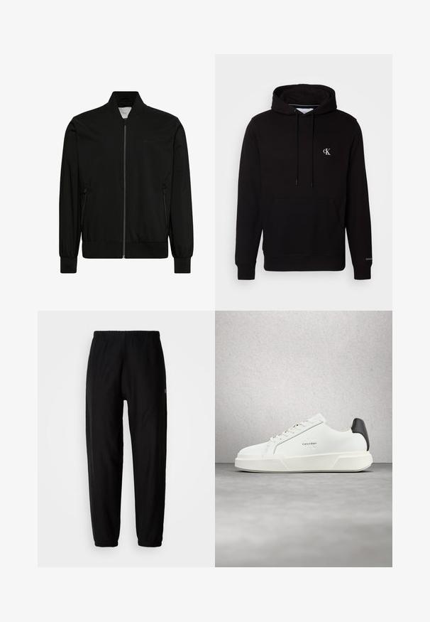 Musta bomber-takki, valmistettu sileästä kankaasta, jossa vetoketjullinen etuosio, resorikaulus ja -hihansuut sekä sivutaskut. Minimalistinen muotoilu ilman näkyviä logoja.; Musta hupullinen collegepaita, jossa etutaskuna kengurutasku, nyörit ja pieni valkoinen "CK" logo rinnassa sekä "Calvin Klein" hihansuut.; Mustat verkkarit, joissa on joustava vyötärö, kapeat lahkeet ja resorit. Sileä kankaan rakenne. Logo-yksityiskohta sivussa.; Valkoiset lenkkarit, joissa on sileä nahkapäällinen, tasaiset nauhat ja kohotettu valkoinen pohja. Takana musta korostus ja kohokuvioitu logo.
