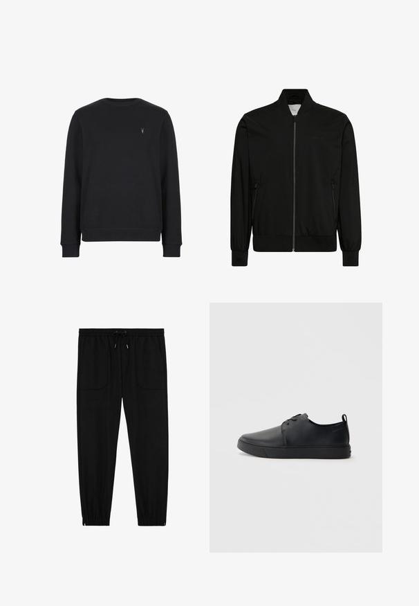 Sort bomberjakke lavet af glat stof med lynlås foran, ribbet krave og manchetter samt sidelommer. Minimalistisk design uden synlige logoer.; Sort sweatshirt lavet af bomuldsblanding, med rund halsudskæring, lange ærmer og et lille broderet logo på brystet.; Sorte joggingbukser med elastik i taljen, snøre, forlommer med lapper og elastiske manchetter på hvid baggrund.; Sorte lædersneakers med en glat finish, rund tå, tonalt syning, snøring foran og en flad gummisål. Løkke ved hælen.