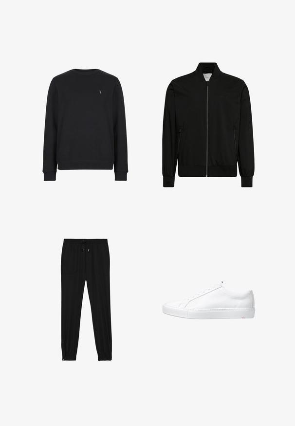 Sort bomberjakke lavet af glat stof med lynlås foran, ribbet krave og manchetter samt sidelommer. Minimalistisk design uden synlige logoer.; Sort sweatshirt lavet af bomuldsblanding, med rund halsudskæring, lange ærmer og et lille broderet logo på brystet.; Sorte jogger bukser lavet af blødt stof. Har elastisk talje med snøre, to forlommer og lynlåse ved anklerne for nem påtagning.; Hvid læder-sneaker med rundet tå, flad gummisål og minimalistisk snøredesign. Glat tekstur uden synlige mønstre eller detaljer.