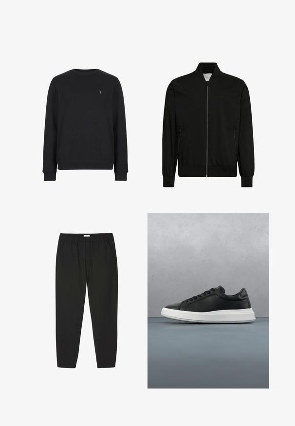 Schwarze Bomberjacke aus glattem Stoff, mit Reißverschluss vorne, geripptem Kragen und Bündchen sowie Seitentaschen. Minimalistisches Design ohne sichtbare Logos.; Schwarzer Sweatshirt aus Baumwollmischung, mit Rundhalsausschnitt, langen Ärmeln und einem kleinen gestickten Logo auf der Brust.; Schwarze Hosen mit elastischem Bund, geraden Beinen und Seitentaschen, entwickelt für Freizeit- oder Berufsbekleidung.; Schwarze Ledersneaker mit glatter Oberfläche, weißer Gummisohle, rundem Design, sechs Ösen für die Schnürsenkel und dezentem Branding an der Ferse.