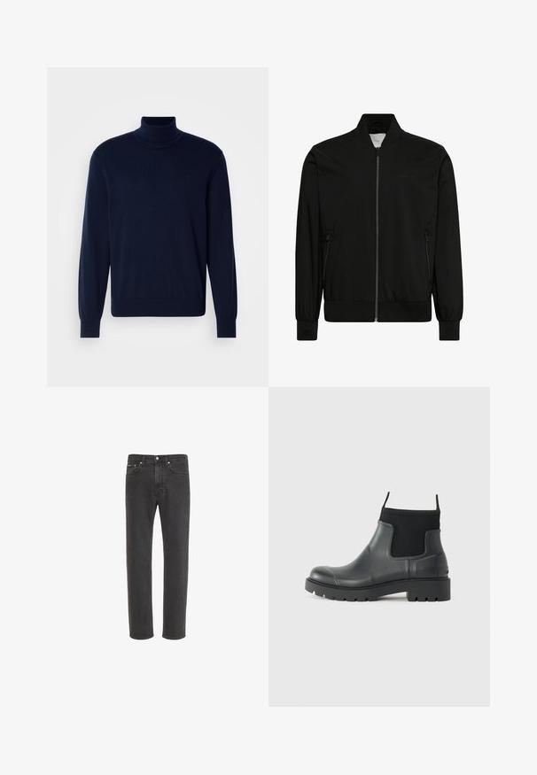 Veste bomber noire en tissu lisse, dotée d'une fermeture éclair sur le devant, d'un col et de poignets côtelés, ainsi que de poches latérales. Design minimaliste sans logos visibles.; Pull à col roulé bleu marine en tissu tricoté doux ; possède des manches longues et un logo discret sur la poitrine ; design épuré.; Jean en denim noir à coupe droite avec fermeture avant par bouton et zip, poches avant et arrière, présenté sur fond blanc.; Bottines noires en caoutchouc avec une finition mate, présentant un design épuré, des panneaux élastiques et une semelle épaisse pour une meilleure traction.