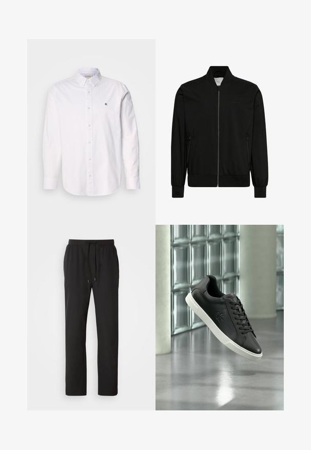 Chaqueta bomber negra hecha de tela lisa, con cierre frontal de cremallera, cuello y puños de canalé y bolsillos laterales. Diseño minimalista sin logotipos visibles.; Camisa blanca de algodón, con cuello clásico, mangas largas y un pequeño logo de CK en el lado izquierdo del pecho. Textura suave.; Pantalones de chándal negros hechos de tela ligera, con una cintura elástica y cordones ajustables, además de bolsillos laterales. Textura suave.; Zapatilla deportiva negra de corte bajo con suela blanca, cordones y logo en relieve, mostrada frente a un fondo de bloques de vidrio y columnas de hormigón.