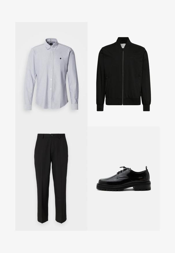 Mustast siledast kangast bomber-stiilis jope, millel on esilukk, soonikkoeline krae ja varrukaservad ning küljetaskud. Minimalistlik disain ilma nähtavate logodeta.; Helesinine pika varrukaga pluus, valminud tekstuurist kangast. Kees parema rinna peal väike logo ja tavalised mansetid.; Mustad püksid siledast kangast, sirge jala disainiga, ees olevate taskutega, ühe nööbi kinnitusega ja ilma nähtavate mustriteta.; Mustast poleeritud nahast paeltega jalanõu paksu kummist tallaga ja madala kontsaga, küljes brändi nimi „SAMSOE“ ning taga tõmbenööriga.