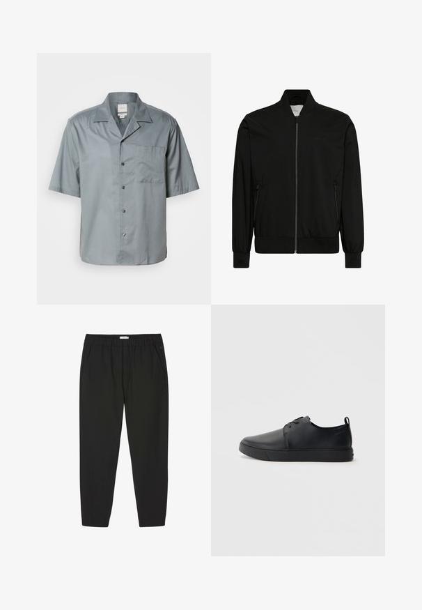 Sort bomberjakke lavet af glat stof med lynlås foran, ribbet krave og manchetter samt sidelommer. Minimalistisk design uden synlige logoer.; Kortærmet skjorte med knapper i lys grå stof med en glat tekstur, der har en brystlomme og en klassisk krave.; Sorte bukser med elastisk talje, lige ben og sidelommer, designet til afslappet eller professionel brug.; Sorte lædersneakers med en glat finish, rund tå, tonalt syning, snøring foran og en flad gummisål. Løkke ved hælen.
