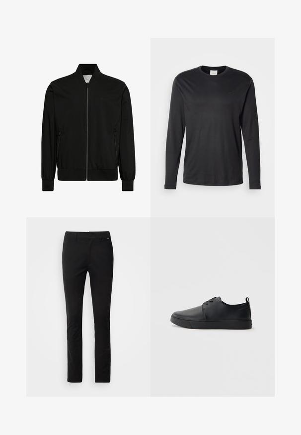 Chaqueta bomber negra hecha de tela lisa, con cierre frontal de cremallera, cuello y puños de canalé y bolsillos laterales. Diseño minimalista sin logotipos visibles.; Camisa negra de manga larga y cuello redondo de Calvin Klein con pequeño logo CK en el lado izquierdo del pecho, mostrada sobre un fondo blanco liso.; Pantalones negros de corte recto, hechos de tela suave. Cuentan con una cinturilla estándar con cremallera delantera y una pequeña etiqueta de la marca en un lado.; Zapatilla negra de cuero con acabado suave, punta redondeada, costuras a tono, cordones en la parte delantera y suela de goma plana. Asa en el talón.
