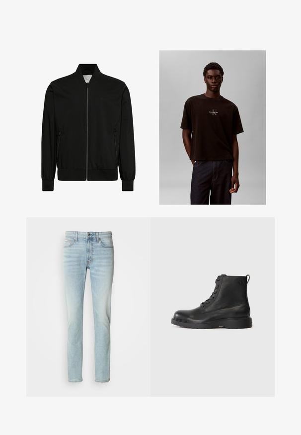 Veste bomber noire en tissu lisse, dotée d'une fermeture éclair sur le devant, d'un col et de poignets côtelés, ainsi que de poches latérales. Design minimaliste sans logos visibles.; Jeune homme portant un t-shirt noir Calvin Klein et un jean foncé, debout devant un fond uni gris clair.; Jeans en denim bleu clair, avec une coupe droite, taille mi-haute et un léger délavage. Comprend cinq poches et un bouton en métal.; Bottine noire en cuir texturé avec un bout rond, un design à lacets, et une solide semelle en caoutchouc noir. Elle est dotée d'une boucle au talon.