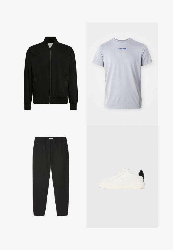 Sort bomberjakke lavet af glat stof med lynlås foran, ribbet krave og manchetter samt sidelommer. Minimalistisk design uden synlige logoer.; Lys grå kortærmet t-shirt lavet af tekstureret stof, med et blåt "Calvin Klein" logo tværs over brystet. Rund halsudskæring, normal pasform.; Sorte bukser med elastisk talje, lige ben og sidelommer, designet til afslappet eller professionel brug.; Hvide lædersneakers med en sort accent på hælen, rund tå, flade snørebånd og en tyk hvid sål. Calvin Klein-logoet vises.