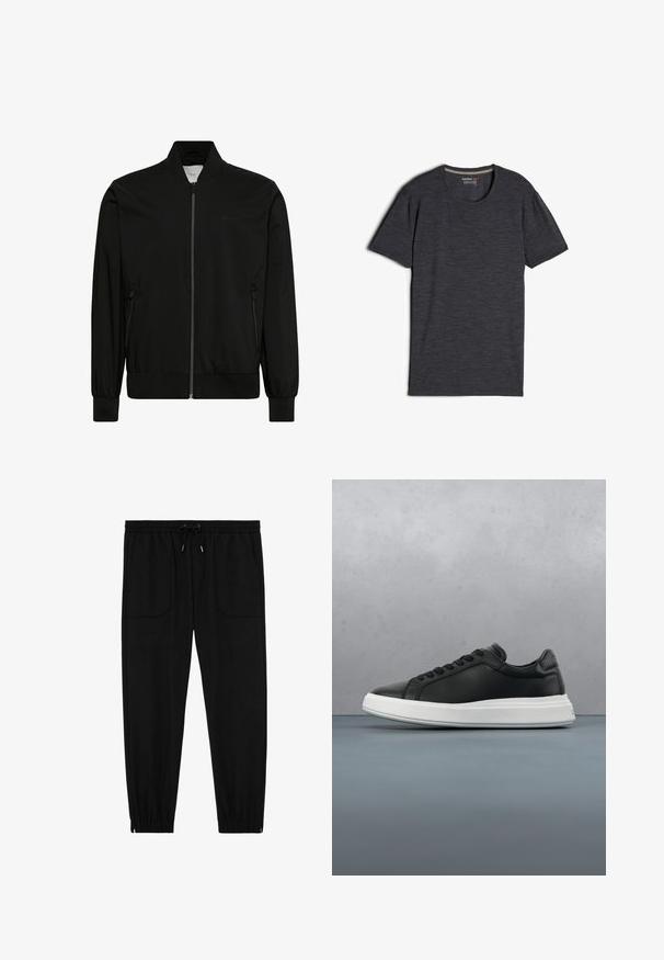 Sort bomberjakke lavet af glat stof med lynlås foran, ribbet krave og manchetter samt sidelommer. Minimalistisk design uden synlige logoer.; Sort heather t-shirt med korte ærmer lavet af merinould, med rund halsudskæring og et glat, let tekstureret stof.; Sorte joggingbukser med elastik i taljen, snøre, forlommer med lapper og elastiske manchetter på hvid baggrund.; Sorte lædersneakers med en glat overflade, hvid gummisål, afrundet form, seks øjer til snørebånd og diskret branding på hælen.