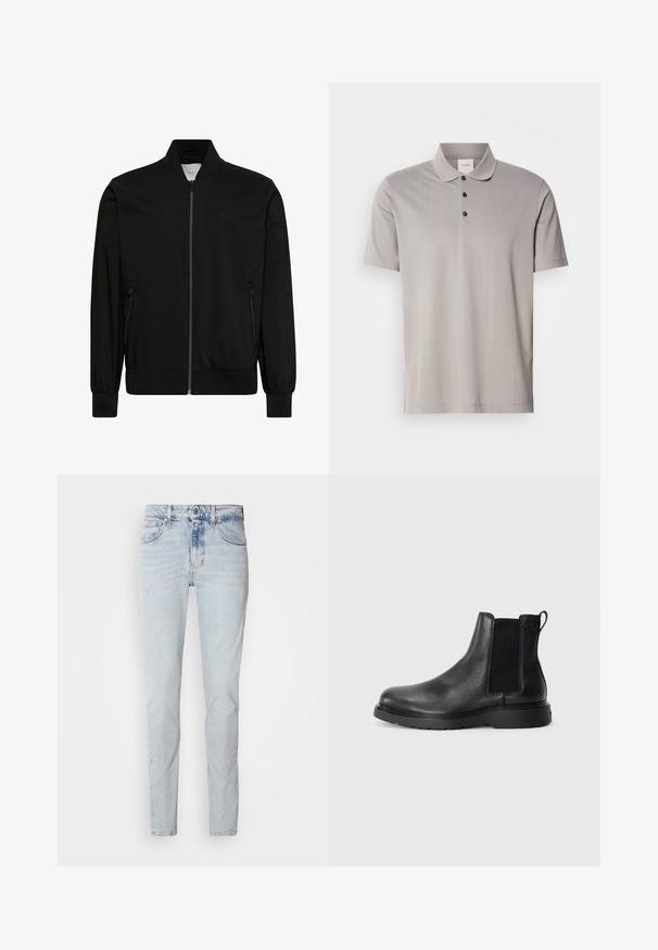 Musta bomber-takki, valmistettu sileästä kankaasta, jossa vetoketjullinen etuosio, resorikaulus ja -hihansuut sekä sivutaskut. Minimalistinen muotoilu ilman näkyviä logoja.; Harmaa lyhythihainen polo-paita, joka on valmistettu sileästä kankaasta. Paidassa on klassinen kaulus ja kolme mustaa nappia. Näkyvissä on hienovarainen pystyribbattu kuvio.; Vaaleansiniset farkut, joissa on suora leikkaus, viiden taskun muotoilu ja hieman haalistunut pinta. Sisältää napin sulkemisen ja vyölenkit.; Musta nahkainen Chelsea-boot, jossa on teksturoitu pinta, joustavat sivupaneelit ja kestävä kumipohja. Huomaamaton brändäys kantapäässä.