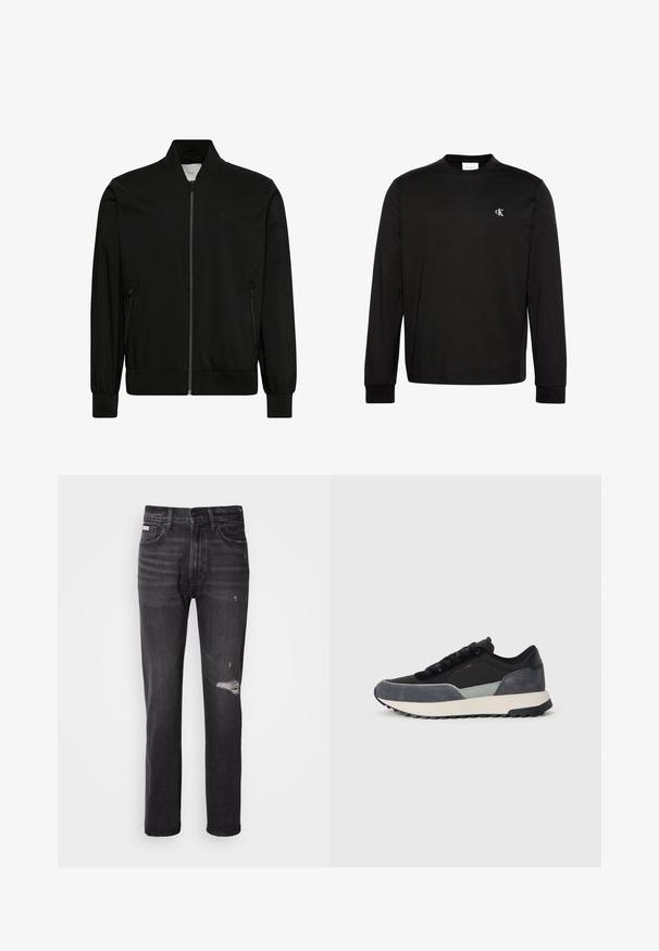 Musta bomber-takki, valmistettu sileästä kankaasta, jossa vetoketjullinen etuosio, resorikaulus ja -hihansuut sekä sivutaskut. Minimalistinen muotoilu ilman näkyviä logoja.; Musta pitkähihainen pyöreäkauluksinen paita, jossa vasemmassa rinnassa pieni valkoinen "cK"-logo ja resorikahteet.; Mustat farkut, joissa on suora lahjeratkaisu, kulutukset polvessa, viisi taskua ja hillitty haalistunut pinta.; Veneuljakengät, joissa on mustaa kangasta, harmaita saappaiden korostuksia ja paksu valkoinen keskikorko mustalla kumipohjalla.