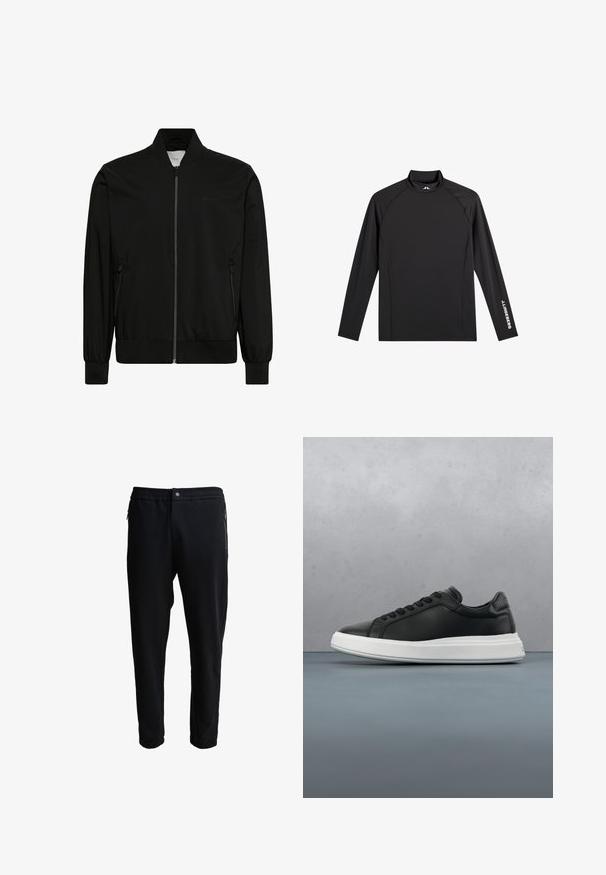 Sort bomberjakke lavet af glat stof med lynlås foran, ribbet krave og manchetter samt sidelommer. Minimalistisk design uden synlige logoer.; Sort atletisk top med lange ærmer, høj hals, tætsiddende pasform og hvidt "J.Lindeberg" logo på venstre ærme og krave.; Sorte joggerbukser med elastisk talje, sidelommer med lynlås og tætsiddende ben. Fremstillet af blødt stof med en glat overflade.; Sorte lædersneakers med en glat overflade, hvid gummisål, afrundet form, seks øjer til snørebånd og diskret branding på hælen.