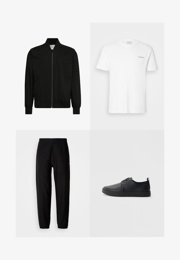 Mustast siledast kangast bomber-stiilis jope, millel on esilukk, soonikkoeline krae ja varrukaservad ning küljetaskud. Minimalistlik disain ilma nähtavate logodeta.; Valge puuvillasest T-särk lühikäistega ja ümarkaelusega. Vasakul rinnal on väike must "Calvin Klein" logo.; Mustad mustad, millel on elastne vöökoht, kitsenevad sääred ja mansetid. Sile kangastekstuuri. Logo detail küljes.; Mustaläik nahast spordijalatsid siledaga viimistlusega, ümarate varvastega, sama tooni õmblustega, nööbid ees, ja lamedate kummist tallaga. Kannas aas.