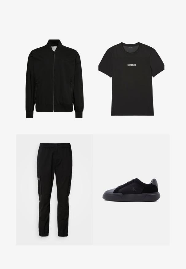 Sort bomberjakke lavet af glat stof med lynlås foran, ribbet krave og manchetter samt sidelommer. Minimalistisk design uden synlige logoer.; Sort kortærmet atletisk T-shirt med mesh øverst på bryst og skuldre, med "Calvin Klein" logo centreret på fronten.; Sorte cargo-bukser med elastisk talje, knaplukning, to sidelommer og to cargo-lommer. Glat stof med en afslappet pasform.; Sort lav sko med tyk sål, snørebånd foran og diskret "cK"-logo på sidespanden.
