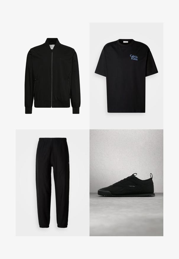 Chaqueta bomber negra hecha de tela lisa, con cierre frontal de cremallera, cuello y puños de canalé y bolsillos laterales. Diseño minimalista sin logotipos visibles.; Camiseta de algodón negra con un corte relajado, que presenta mangas cortas y un logotipo bordado en azul de "Calvin Klein" en el pecho.; Pantalones de chándal negros con cintura elástica, piernas ajustadas y dobladillos. Textura de tela suave. Detalle del logo en un lado.; Zapatilla negra de Calvin Klein con malla texturizada y paneles de cuero, flotando sobre un suelo de concreto pulido cerca de una pared de bloques de vidrio.