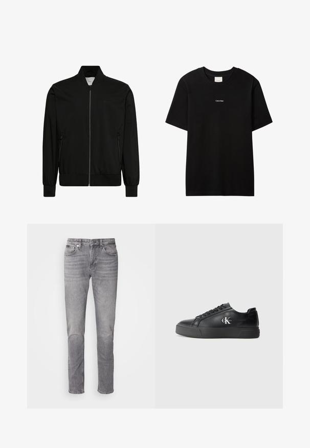 Chaqueta bomber negra hecha de tela lisa, con cierre frontal de cremallera, cuello y puños de canalé y bolsillos laterales. Diseño minimalista sin logotipos visibles.; Camiseta de algodón negra con cuello redondo y mangas cortas. Presenta un pequeño logo blanco "Calvin Klein" en el frente. Ajuste clásico y suave.; Jeans de mezclilla gris con diseño de pierna recta, cinco bolsillos, costuras visibles y una textura ligeramente desgastada. Cierre frontal con botón.; Zapatilla de cuero negro con punta redondeada, suela negra plana y cordones tonales. Presenta un logo plateado en el costado, con una textura suave en toda su superficie.