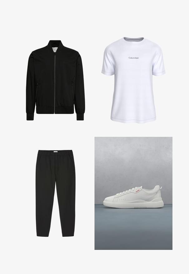 Chaqueta bomber negra hecha de tela lisa, con cierre frontal de cremallera, cuello y puños de canalé y bolsillos laterales. Diseño minimalista sin logotipos visibles.; Camiseta blanca de manga corta y cuello redondo con el logo "Calvin Klein" impreso en letras pequeñas de color gris claro en el pecho.; Pantalones negros con cintura elástica, piernas rectas y bolsillos laterales, diseñados para uso casual o profesional.; Zapatilla blanca con un acabado de cuero liso, punta redonda, cuatro ojales, perforaciones sutiles y un detalle de logo rojo en el lateral.