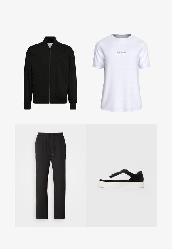 Zwarte bomberjack gemaakt van gladde stof, met een ritssluiting aan de voorkant, geribbelde kraag en manchetten, en zijzakken. Minimalistisch ontwerp zonder zichtbare logo's.; Wit t-shirt met korte mouwen en ronde hals met het "Calvin Klein" logo in kleine lichtgrijze letters op de borst gedrukt.; Zwarte joggingbroeken van lichtgewicht stof, met een elastische tailleband en verstelbare trekkoorden, evenals zijzakken. Soepele textuur.; Lage sneaker van zwart suede met witte leren panelen, zwarte veters en een dikke witte rubberen zool, weergegeven vanaf de buitenzijde.