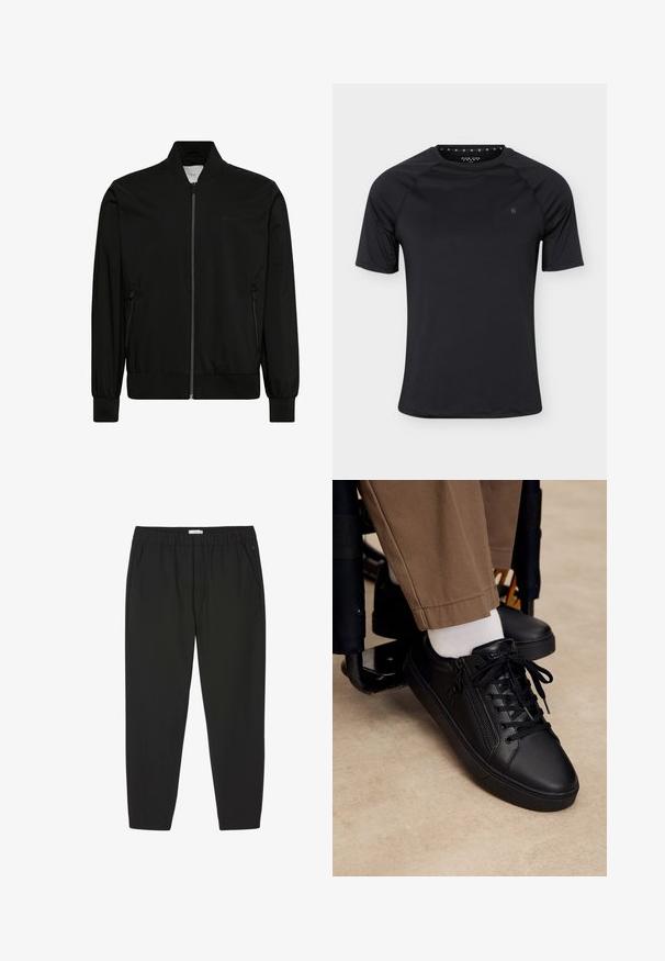 Mustast siledast kangast bomber-stiilis jope, millel on esilukk, soonikkoeline krae ja varrukaservad ning küljetaskud. Minimalistlik disain ilma nähtavate logodeta.; Must sportlik lühikeste varrukatega t-särk ümmarguse kaelusega ja väike logo vasakul rinnal, esitatud lihtsal heledal taustal.; Mustad elastse vöökohaga püksid sirgete säärte ja küljetaskutega, mõeldud vabaaja või professionaalseks kandmiseks.; Mustast nahast toss paelte ja külgmise luku ning valgete sokkidega ja pruunide pükstega, jalal ratastooli jalatugi.