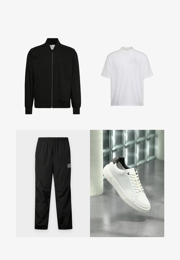 Schwarze Bomberjacke aus glattem Stoff, mit Reißverschluss vorne, geripptem Kragen und Bündchen sowie Seitentaschen. Minimalistisches Design ohne sichtbare Logos.; Weißes T-Shirt mit kurzen Ärmeln und Stehkragen, mit dezent erhabenem "ck"-Logo auf der linken Brustseite.; Schwarze Regenhose aus leichtem, wasserdichtem Material. Mit einem elastischen Bund und Logodetail an der Seite. Glatte Textur.; Weißer Sneaker mit niedrigem Schaft, schwarzem, strukturiertem Fersenlaschen, weißen Schnürsenkeln und dicker Sohle auf einem polierten Betonboden in der Nähe von Glasbausteinen.