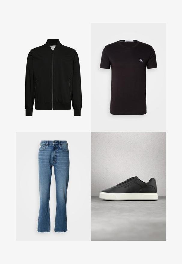 Sort bomberjakke lavet af glat stof med lynlås foran, ribbet krave og manchetter samt sidelommer. Minimalistisk design uden synlige logoer.; Sort t-shirt med korte ærmer og rund hals med lille hvidt "cK" logo på venstre bryst og Calvin Klein Jeans mærkat inde i kraven.; Lyseblå denim jeans med lige pasform og let flare. Har fem lommer, knaplukning og subtile slidte detaljer.; Sorte lædersneakers med hvid gummisål, rundet tå og flade snørebånd. Teksturdetaljer på siderne, minimalistisk design.