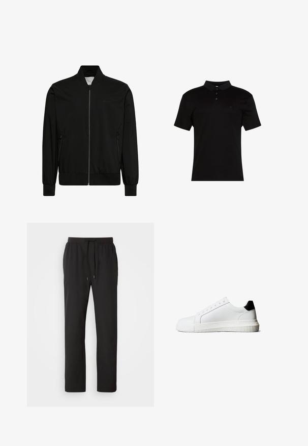 Chaqueta bomber negra hecha de tela lisa, con cierre frontal de cremallera, cuello y puños de canalé y bolsillos laterales. Diseño minimalista sin logotipos visibles.; Polo negro de tela suave, con cuello de solapa, tapeta con tres botones y un pequeño logo en el lado izquierdo del pecho.; Pantalones de chándal negros hechos de tela ligera, con una cintura elástica y cordones ajustables, además de bolsillos laterales. Textura suave.; Zapatillas de cuero blanco con un detalle en el talón negro, que cuentan con cordones planos, punta redondeada y una suela de goma acanalada para mejor agarre.