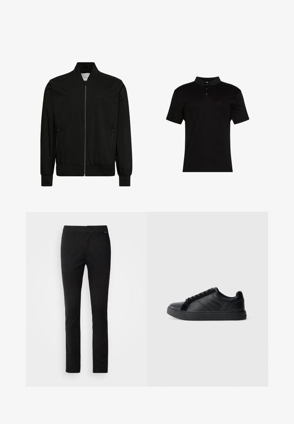Musta bomber-takki, valmistettu sileästä kankaasta, jossa vetoketjullinen etuosio, resorikaulus ja -hihansuut sekä sivutaskut. Minimalistinen muotoilu ilman näkyviä logoja.; Musta poolopaita, joka on valmistettu sileästä kankaasta. Siinä on kauluksellinen pääntie, kolmen napin läppä ja pieni logo vasemmassa rinnassa.; Mustat suorat housut, jotka on valmistettu sileästä kankaasta. Varustettu tavanomaisella vyötärönauhalla, edessä vetoketjulla ja pienellä bränditagilla sivussa.; Mustassa nahkaisessa tennarissa on sileä pinta, teksturoidut sivupaneelit, pyöreä kärki, tasapohja ja logotieto sivuilla. Mukana on klassinen nauhoitus.