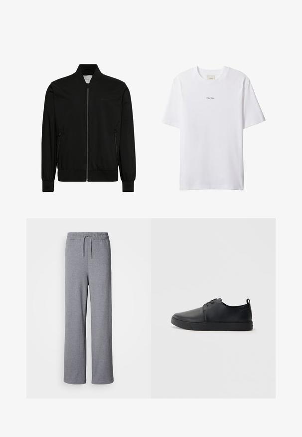 Sort bomberjakke lavet af glat stof med lynlås foran, ribbet krave og manchetter samt sidelommer. Minimalistisk design uden synlige logoer.; Hvid bomuld t-shirt med rund hals og korte ærmer. Har en lille sort "Calvin Klein"-logo centreret på brystet.; Grå, brede sweatpants lavet af blødt materiale; har en elastisk talje med snøre og ingen lommer. Enkelt, udekoreret design.; Sorte lædersneakers med en glat finish, rund tå, tonalt syning, snøring foran og en flad gummisål. Løkke ved hælen.