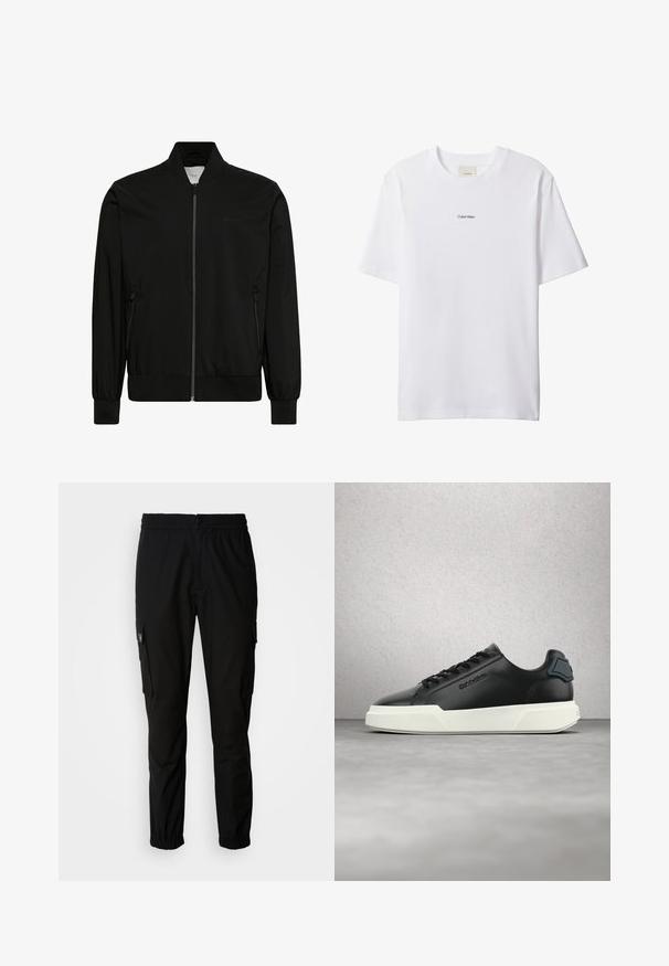 Sort bomberjakke lavet af glat stof med lynlås foran, ribbet krave og manchetter samt sidelommer. Minimalistisk design uden synlige logoer.; Hvid bomuld t-shirt med rund hals og korte ærmer. Har en lille sort "Calvin Klein"-logo centreret på brystet.; Sorte cargo bukser lavet af stof, med elastisk talje, knaplukning og flere sidelommer med klapper.; Sort lædersneaker med hvid sål, sorte snørebånd og præget mærke, vist flydende over en grå gulv med glasblokvæg i baggrunden.